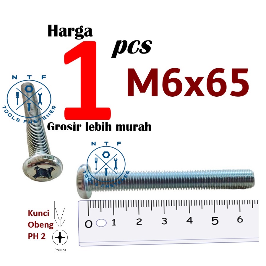Baut JP M6x65 Putih Obeng Plus Pentol Pan Machine Screw M6