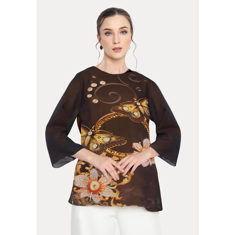 Blus Sifon Motif Bunga Kupu-kupu Hitam Blus With Floral Butterfly Motif By Brilliant Girl