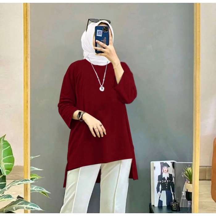 SANRES BAJU TUNIC MUSLIM JUMBO XXL LENGAN 7/8 OVERSIZE WANITA DEWASA - Putih, FIT TO XXL