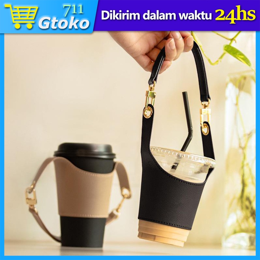Cup Sleeve Leather Kopi Gelas Holder Boba Milk Tea Tas Sarung Botol Minum Tumbler Pegangan Kulit