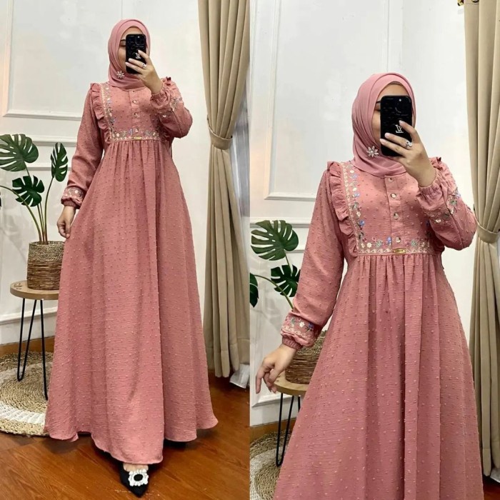 Baju Gamis Wanita  Maxi Dress Wanita Layla Dress Bahan Crinkle - Hitam, Ld110cm