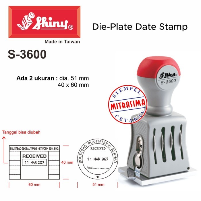 

Stempel Shiny S-3600 CUSTOM Die Plate Dater S3600 Tipe S 3600 - Bodinya saja, bulat 51 mm