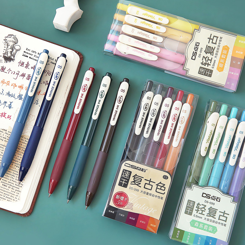 

5pcs Vintage Color Ink Pens Set Quick-dry Highlight Writing 0.5mm Ballpoint Pen Diary Drawing Marker Liner Art DIY School F655
