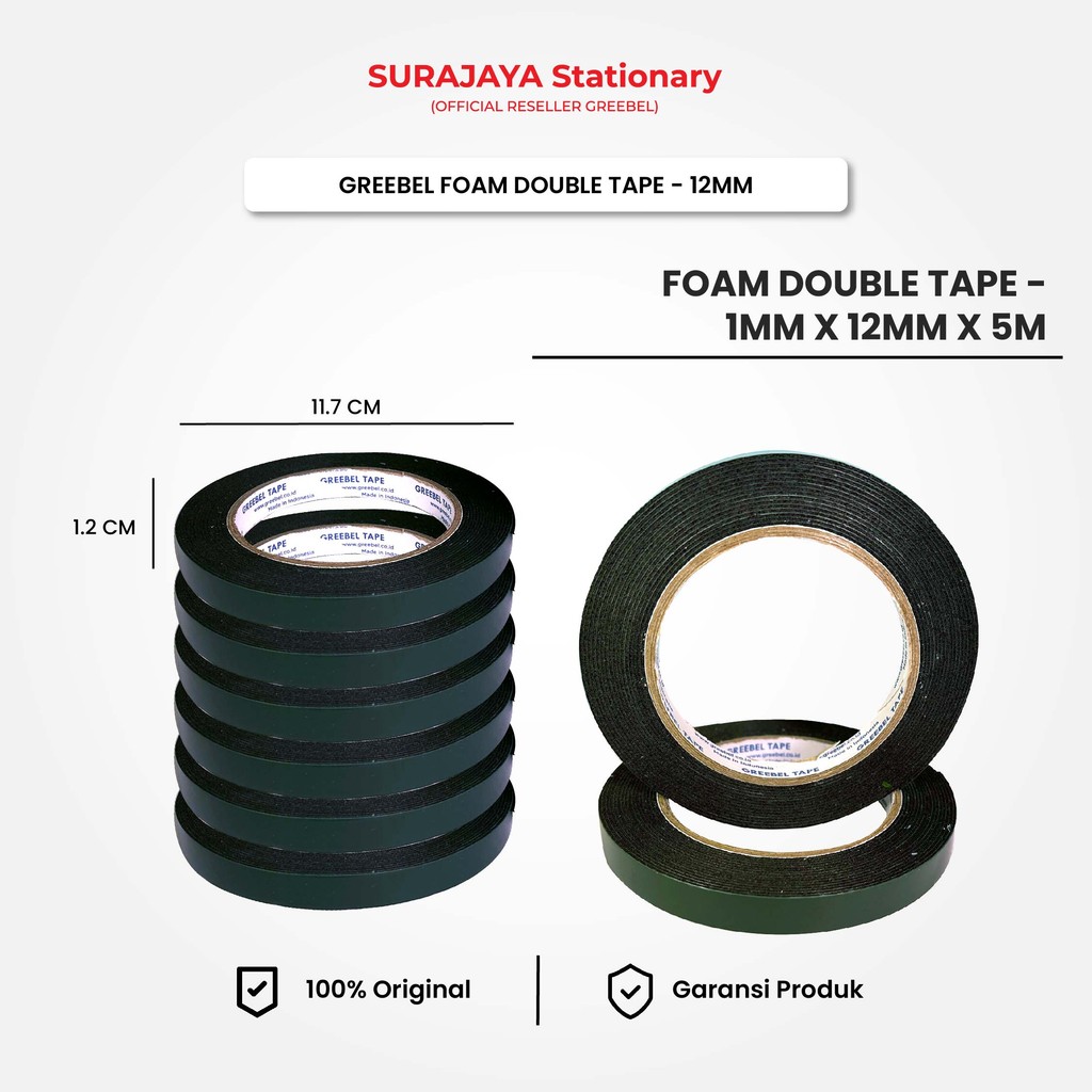 

Double Tape Foam / Greebel Selotip Foam 1M X 12MM x 5M (PER PCS) / Isolasi Bolak Balik / Spons Foam Suryaone