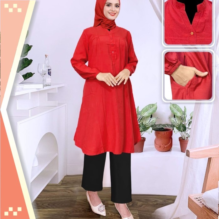 Tunik Busana Muslim Wanita Murah / Tunik Polos Viscose Jumbo Merah Cabe - L