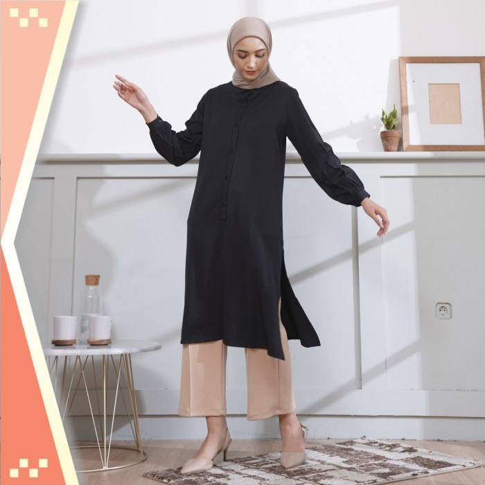 Promo Murah Pakaian Wanita Tunik Cantik PRemium / Wulfi Atasan Kemeja Tunik Middle Slit Black Kasual
