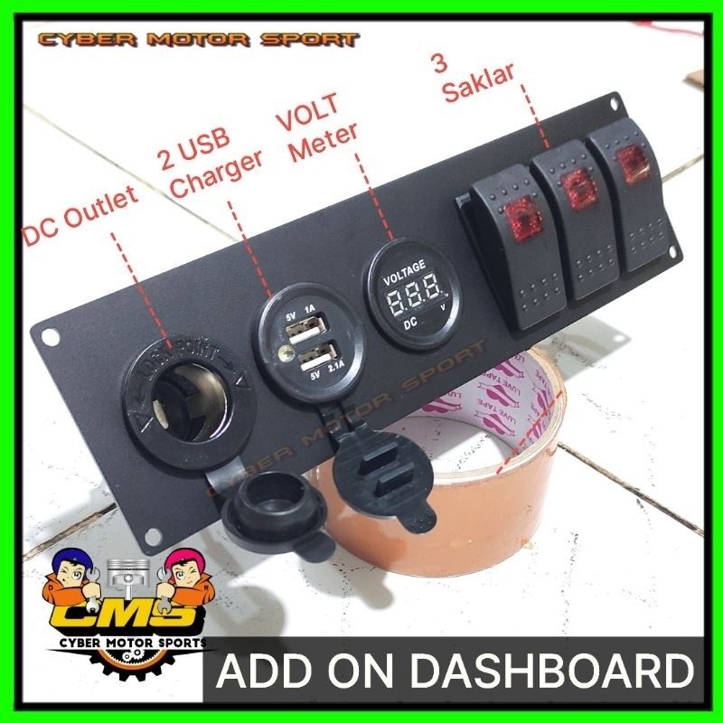 Universal Add On Dashboard mobil bus truk perahu kapal 12v 24vb. USB charger volt meter DC outlet 3 