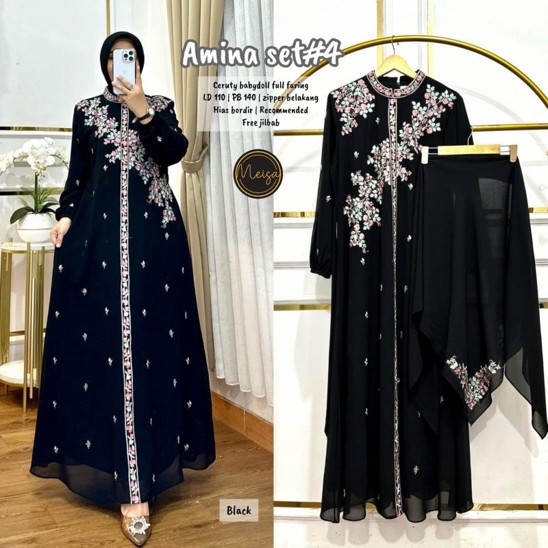 BEST SELLER AMINA SET JILBAB (LABEL SAVNA) | GAMIS SET JILBAB CERUTY BORDIR TERBARU BEST SELLER