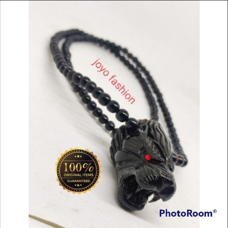 KALUNG TASBIH FOSIL AKAR BAHAR HITAM LIONTIN UKIR MACAN