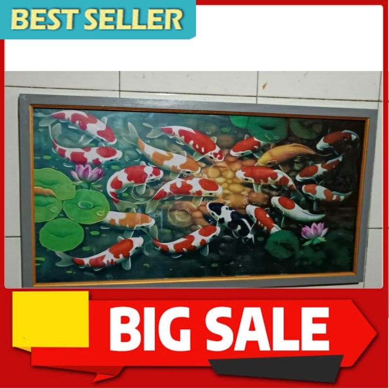 hiasan dinding lukisan cetak ikan koi hoxy plus bingkai ukuran 100×50