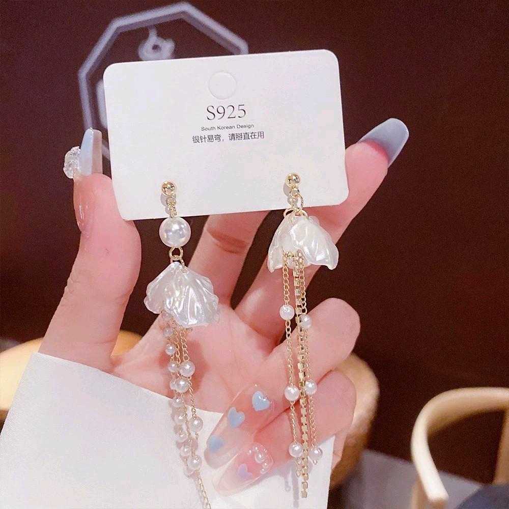 Anting tusuk panjang bunga mutiara | anting panjang mewah