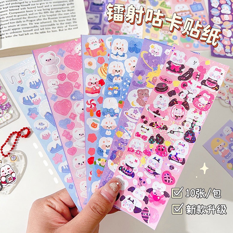 

SHINSDAY (10pcs) Sticker Lucu Hologram Glitter Momo Aesthetic Sticker Deco Pack