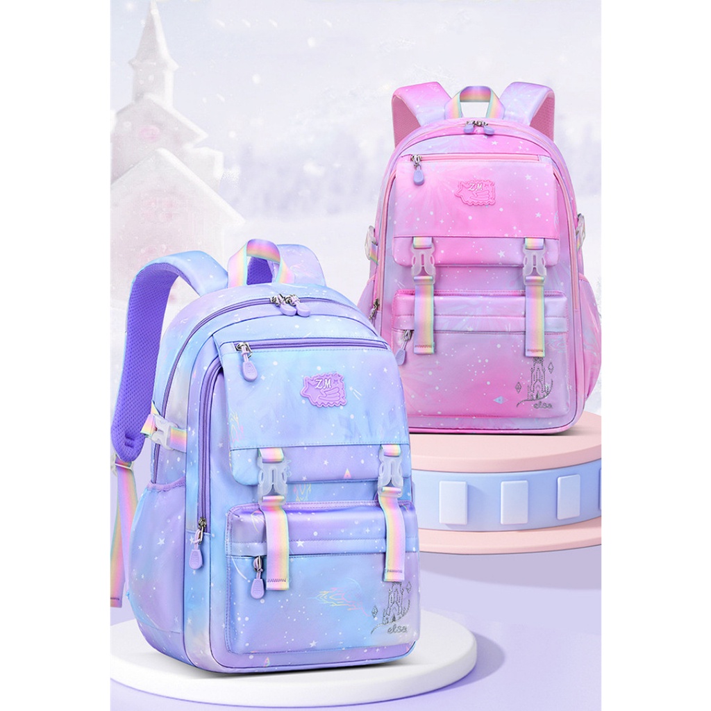 Tas Sekolah Elsa Anti Air Ransel SD Anak Perempuan Warna Ungu Biru Pink