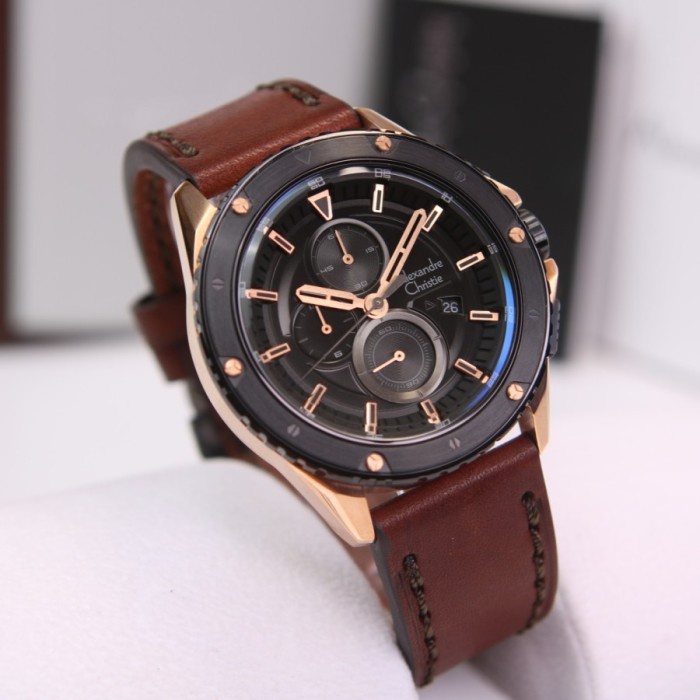 JAM TANGAN PRIA ALEXANDRE CHRISTIE AC 6653 AC6653 LEATHER ORIGINAL - ROSEGOLD BROWN