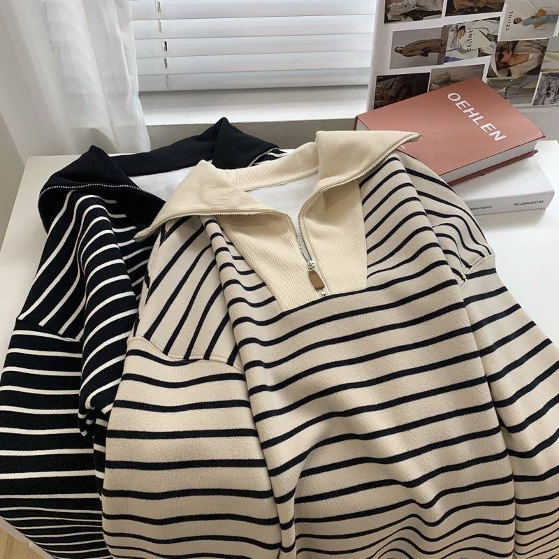 ATASAN OUTER JAKET HOODIE FULL ZIPPER DEPAN VARIASI MOTIF GARIS SALUR TANGAN PANJANG PREMIUM WANITA 