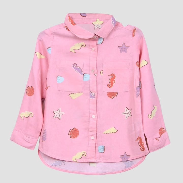 KEMEJA ANAK CEWEK PINK MOTIF KUDA LAUT - BRAND ZARA KIDS - BRAND ORIGINAL - KEMEJA CEWEK LENGAN PANJ