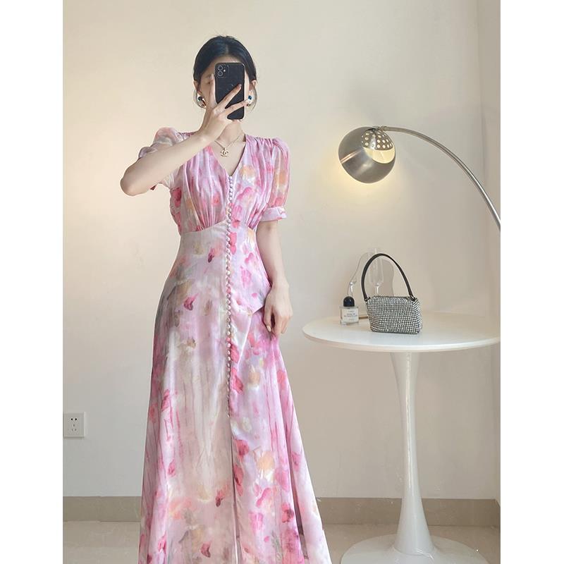 Temperament printed chiffon floral waist length dress for women