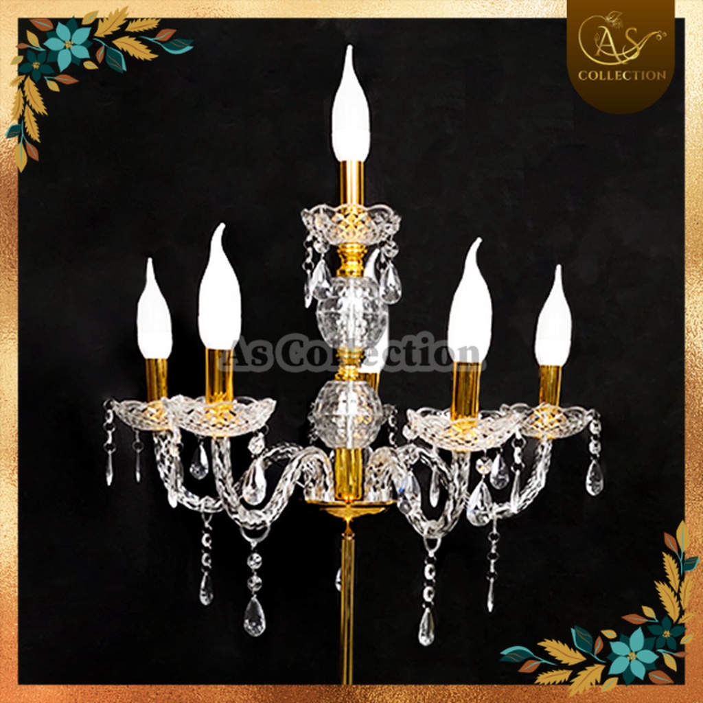 1 Set Lampu Standing / Berdiri Lilin Chandelier Cabang 6 Kristal Akrilik - Lampu dekorasi pelaminan 