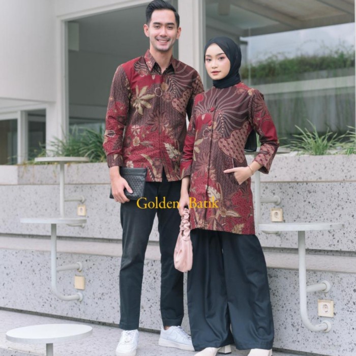 Batik COUPLE 05 I Kemeja Pria Lengan Panjang Dan Atasan Wanita Blouse - Maroon Pria, S