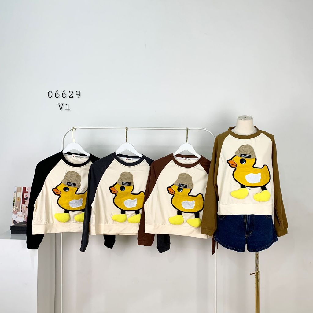 ATASAN BLOUSE KAOS BY DOE MOTIF 3D TIMBUL DUCK YELLOW / CHIP DC401 KOMBINASI DUA WARNA LENGAN PANJAN