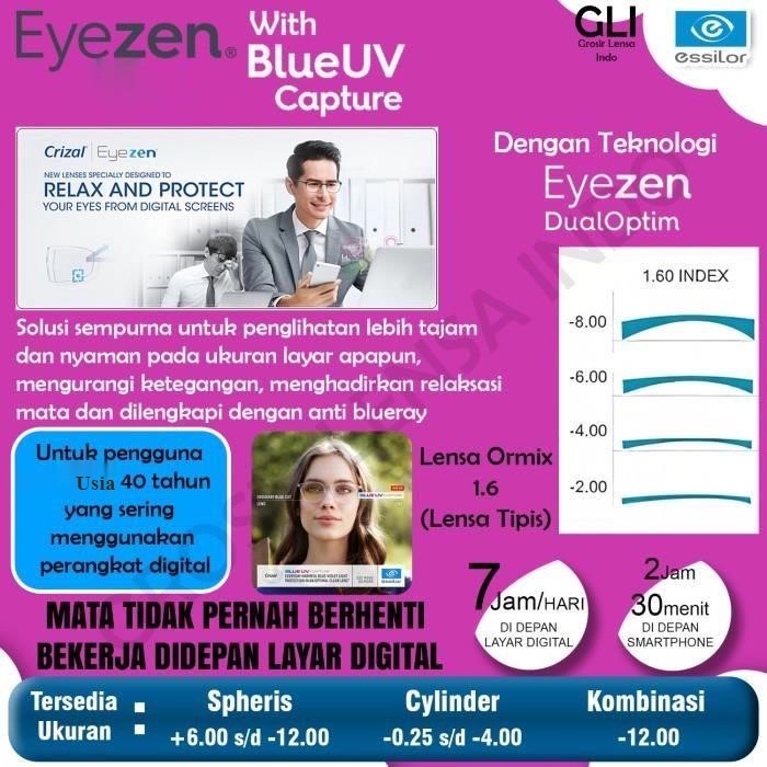 Lensa Kacamata Essilor Eyezen BOOST Blue UV Capture Ormix 1.6 Crizal