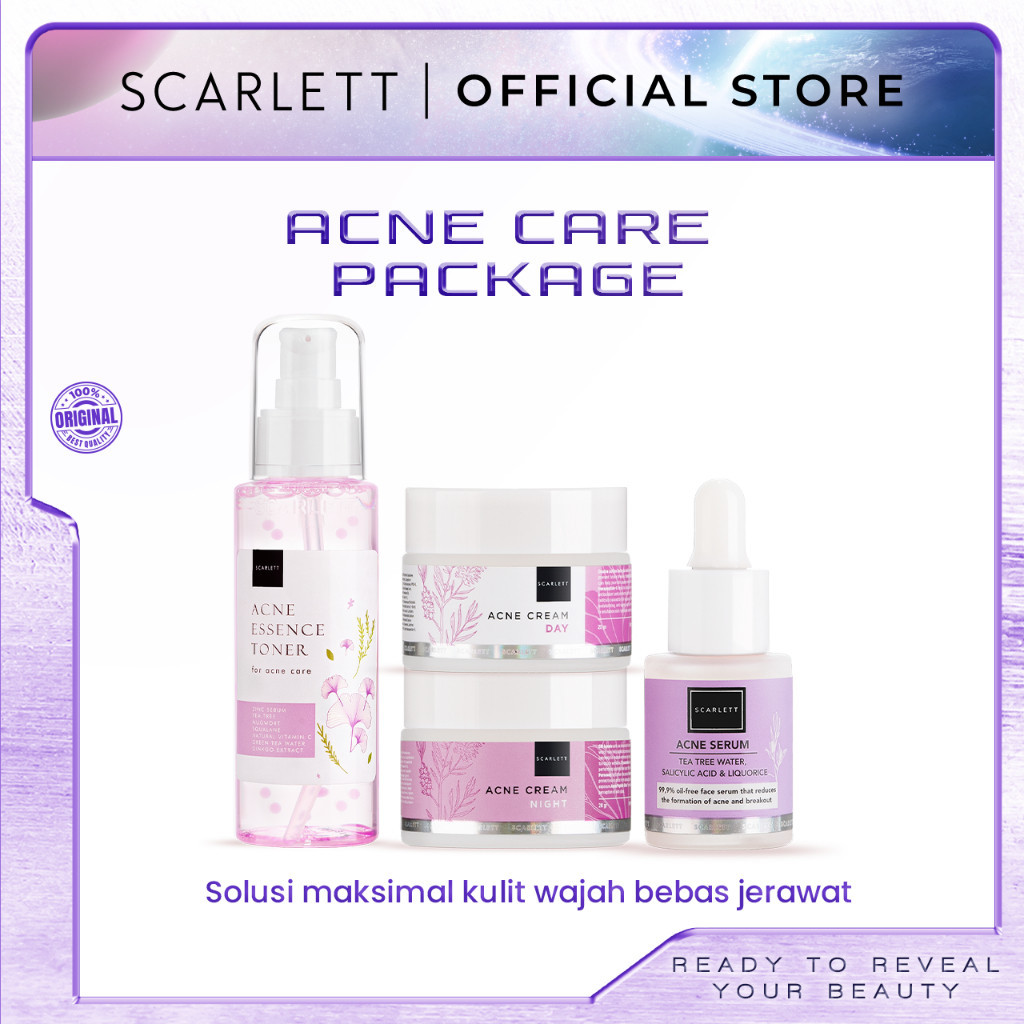 Scarlett 4Pcs Skincare Whitening Acne Care Package untuk Merawat Kulit Berjerawat Acneessence Toner 