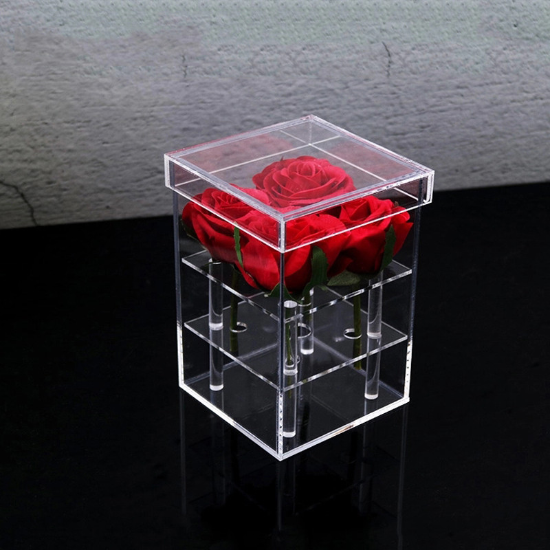 

Clear Acrylic 4 Holes Flower Box Valentine's Day Wedding Gift Rose Box Handmade Acrylic Rose Storage Box With Lid Wholesale