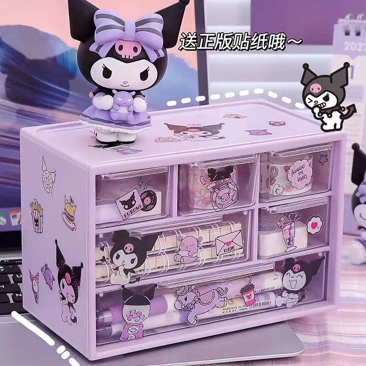 

Sanrio 6 Grid Storage Box Desktop Drawer-type Transparent Organizing Box Desk Pen Holder Send Kuromi Melody Cinnamoroll Stickers