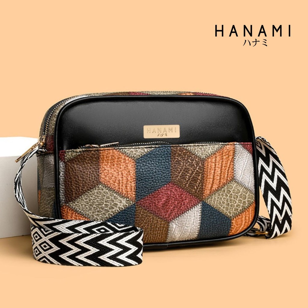 HANAMI Tas Selempang Wanita Motif Branded Kulit TA1014B5 Kekinian Cantik Hitam Gicara Simple Elegan