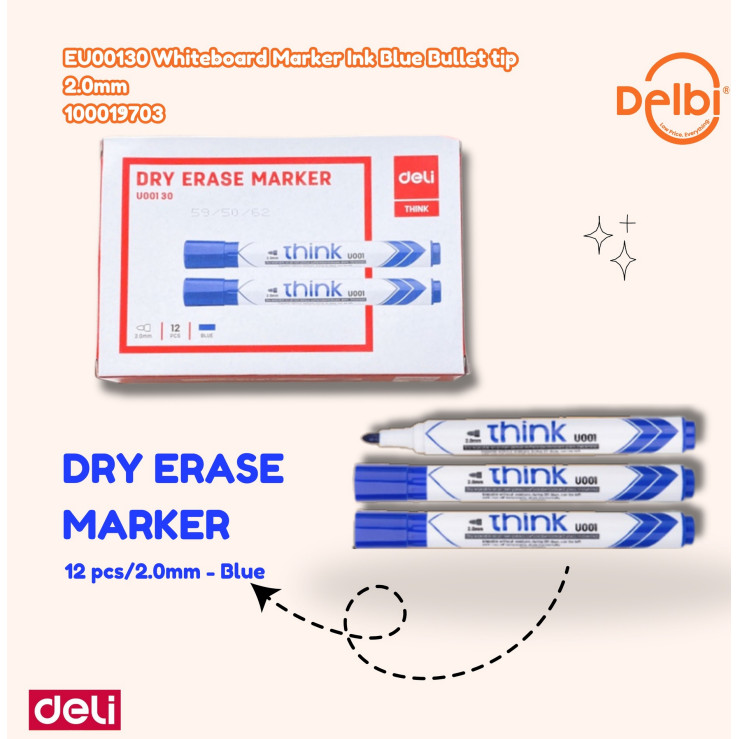 

Deli Spidol Papan Tulis Putih 2.0mm EU00130 Mudah Dihapus dan Tidak Beracun EU00130 Whiteboard Marker Ink Blue Bullet tip 2.0mm TINTA SPIDOL