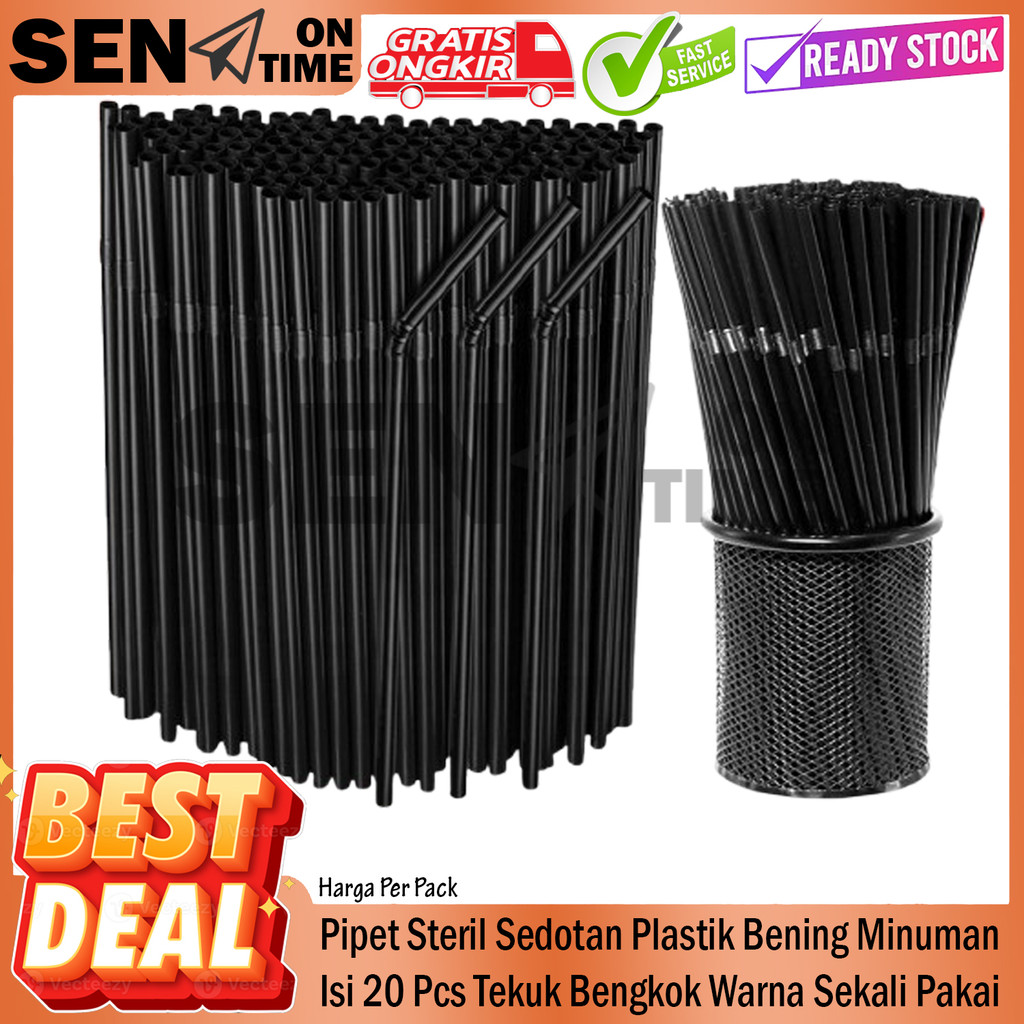 Sedotan Tekuk Bengkok Isi 20 Pcs Steril Higienis Bening Warna Sedot Plastik Pelastik Minuman Hitam P