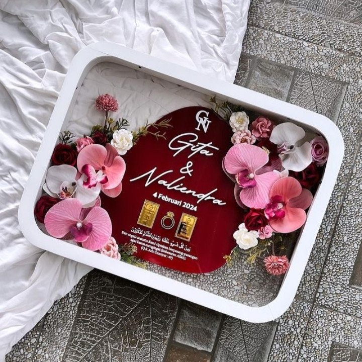 Mahar Uang Murah, Mahar Bunga Pernikahan Modern - Gold  Blue - Bingkai Mahar Mewah dan Elegan Bahan 