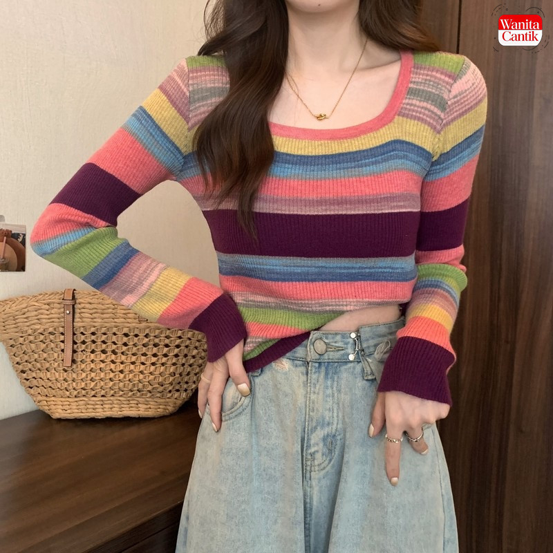 Atasan Rajut Wanita Model Korea Kaos T-Shirt Lengan Panjang Motif Garis dengan Square Neck Fashionab