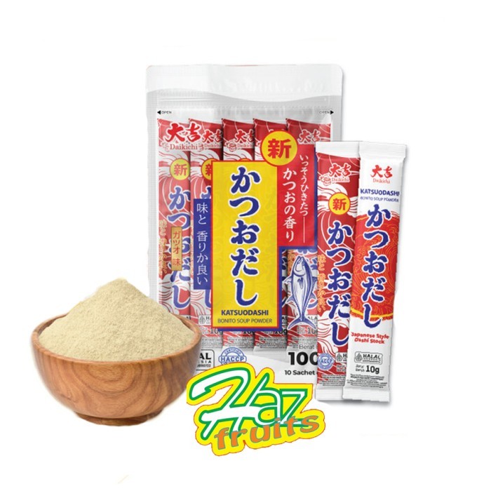 

Daikichi Katsuodashi Bonito Soup Powder Stick 100 Gram (isi 10) | Bubuk Kaldu Ikan Bonito Kering