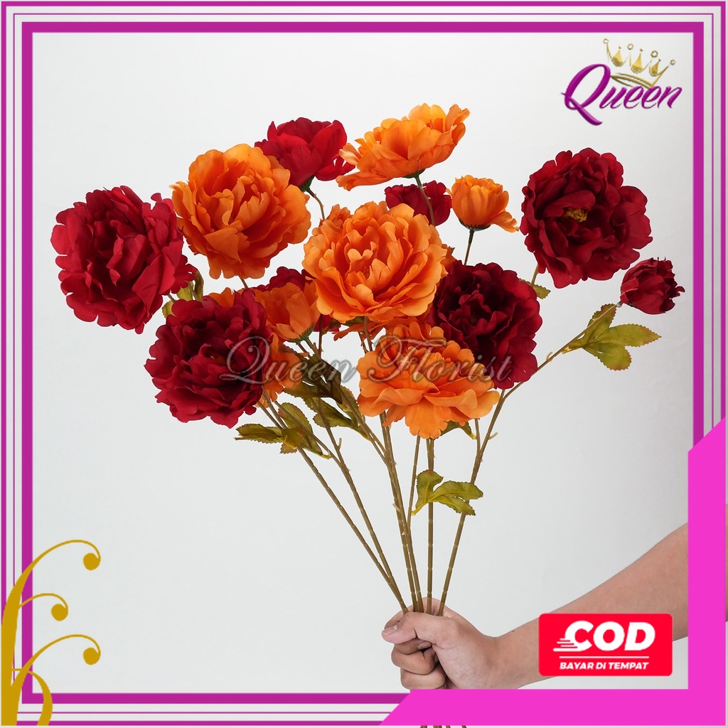 Bunga Mutan Peony Jumbo Tangkai Panjang Cabang 3 Flowers Besar 11cm Panjang 65cm Bunga Palsu Moutan Peoni Artficial Tanaman Hias Dekorasi Pelamaninan Bucket Hiasan Pojok Ruangan Hotel Rumah Cafe Artifisial Import Premium Murah