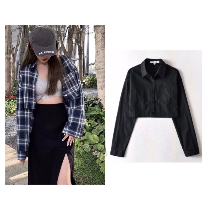 Atasan Wanita Kemeja Crop Basic Hitam Polos / Hitam Putih Kotak