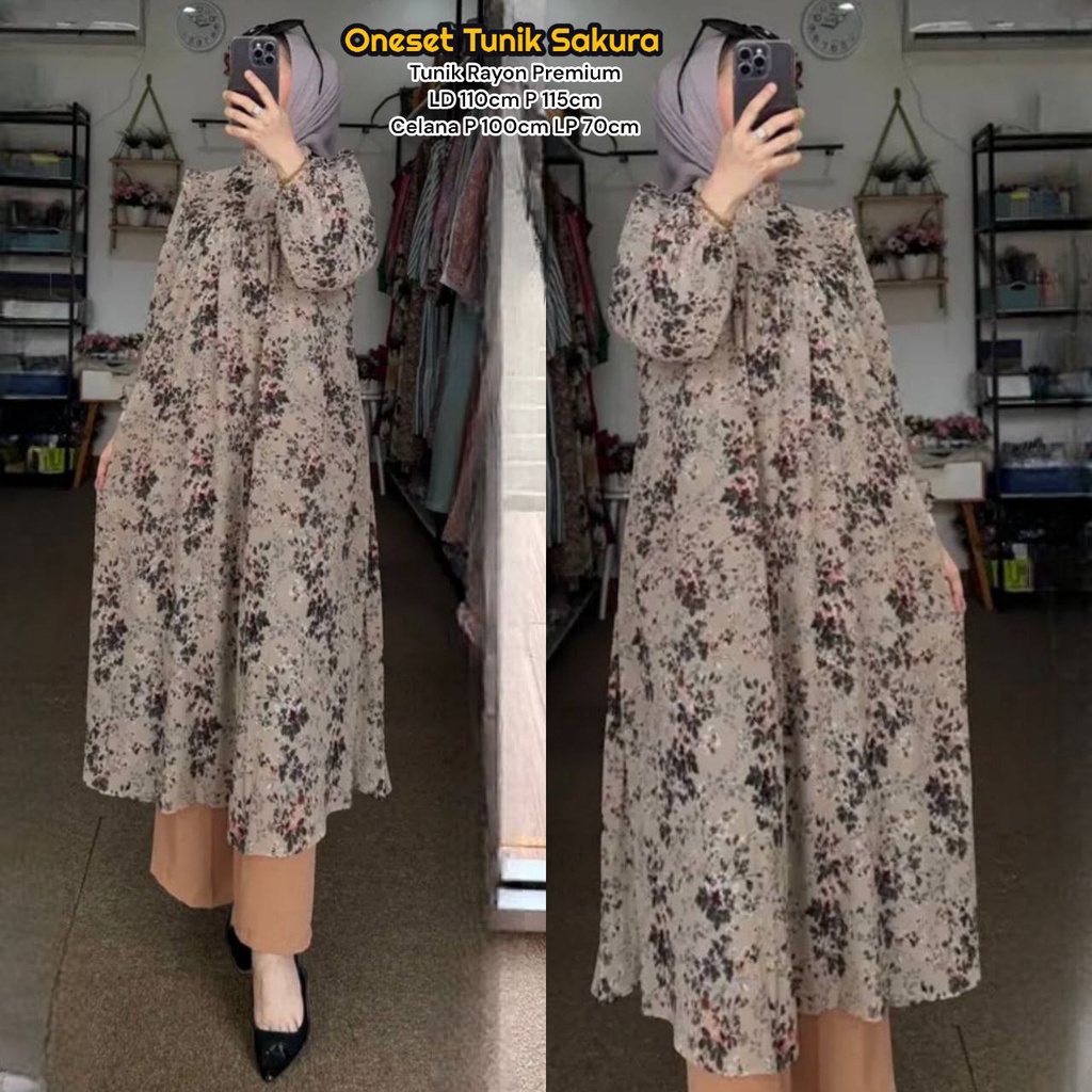 Sakura Set Tunik - One Set Wanita Kekinian Long Tunik Rayon Setelan Wanita Lengan Panjang LD 110 cm