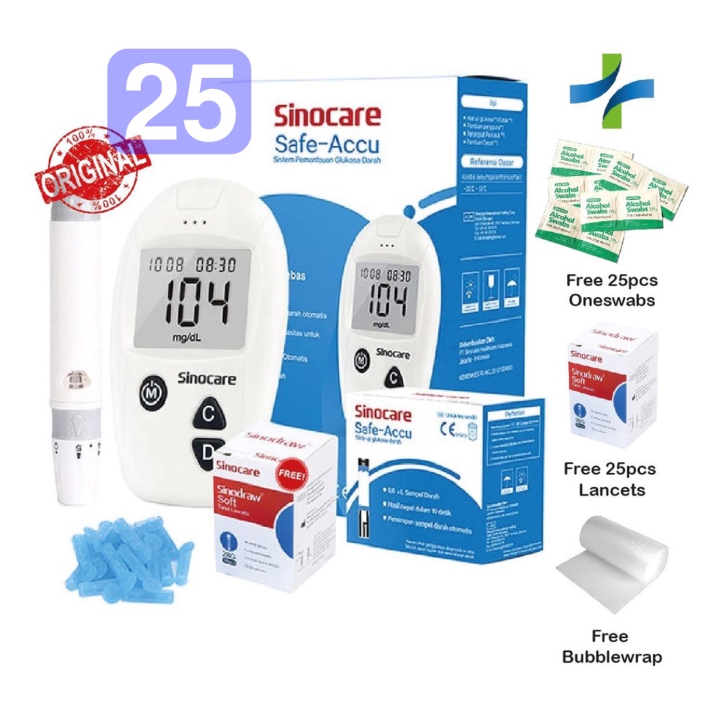 [Paket 25] Sinocare Safe Accu Alat Cek Gula Darah / Alat Ukur Gula Darah
