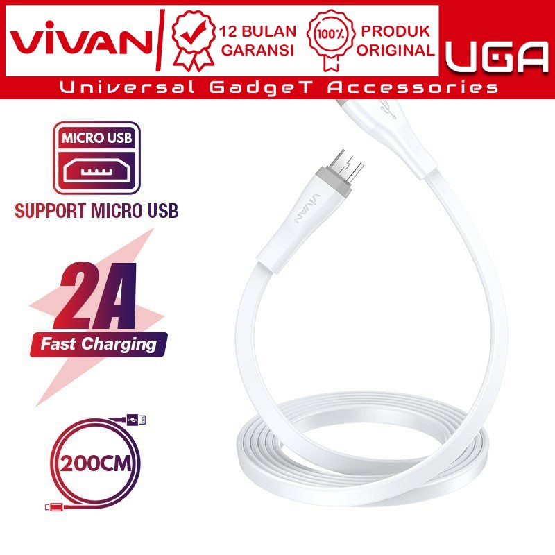 Vivan Data Cable 200cm Kabel Daya Micro USB 2 meter Quick Charge 2A Android SM200S