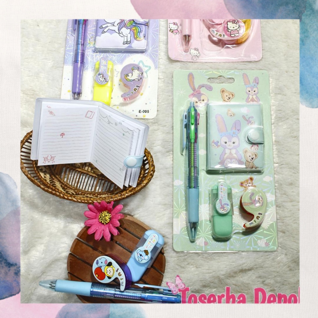 

Notebook Mini Set 4in1 BUKU MEMO PEN STABILO Alat Tulis Motif Random
