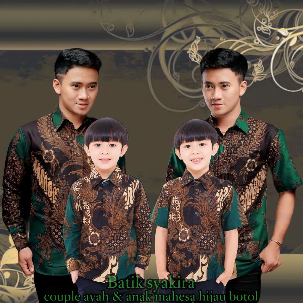 BAJU BATIK COUPLE AYAH ANAK LENGAN PENDEK, BAJU BATIK PRIA MAHESA HIJAU, BAJU ANAK COWOK COUPLE AYAH