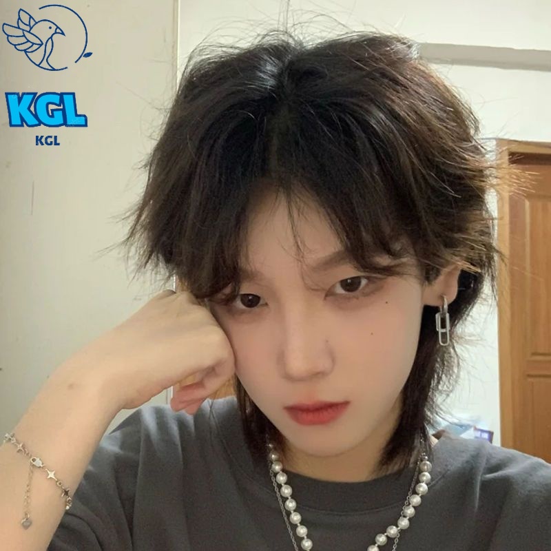 【Pengiriman cepat】High-end wig rambut pendek pria di tengah ekor serigala gaya rambut realistis mera