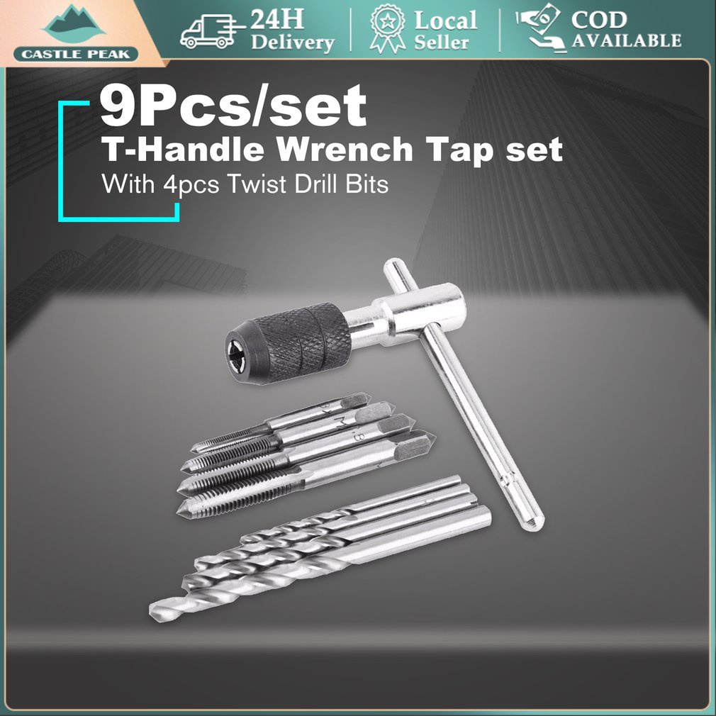 9PCS Hand Tap Set + Mata Bor Senai Drat Baut Pembuat Derat Ulir Baud Handtap Handtab Hand Tab