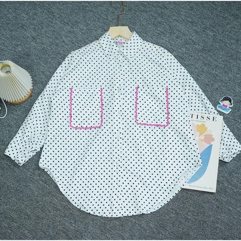 W & K - ZFS PAKAIAN WANITA DARA / POKAD TOP / Blouse Ada Kancing Dan Kantong 2 Polkadot / Hem Oversi