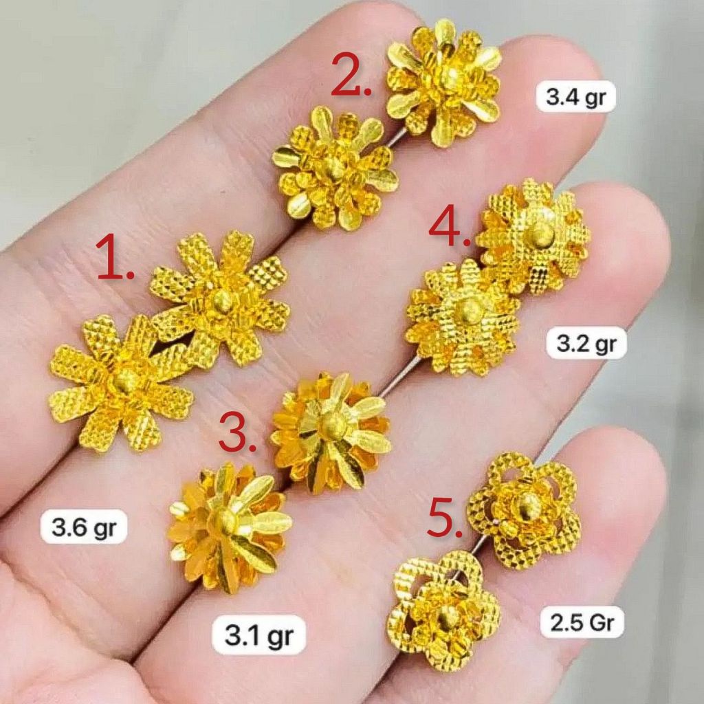 Anting kerabu duduk anak dan dewasa emas asli kadar 24k 99% LM import paku tusuk model bunga daun go
