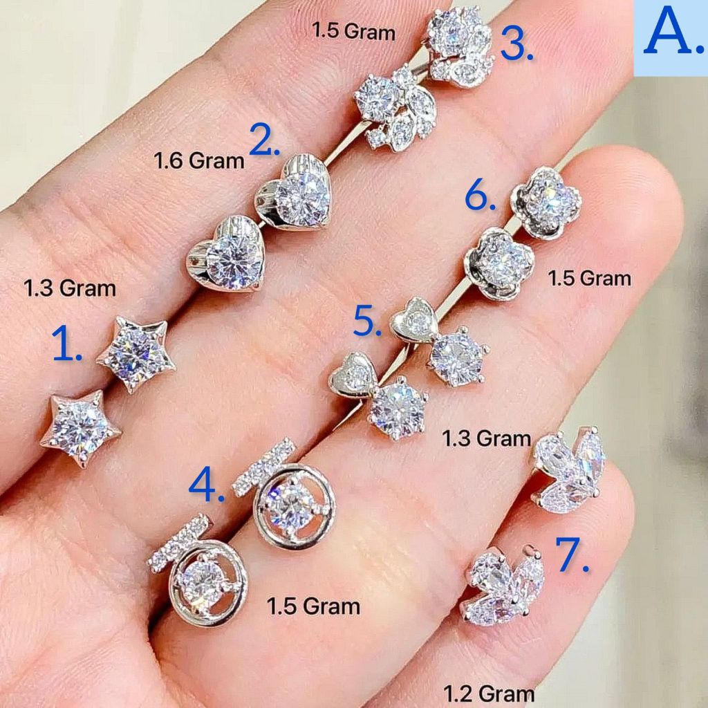 Anting stud anak dan dewasa emas asli kadar 75 17k whitegold diamond look putih solitaire love kupu2
