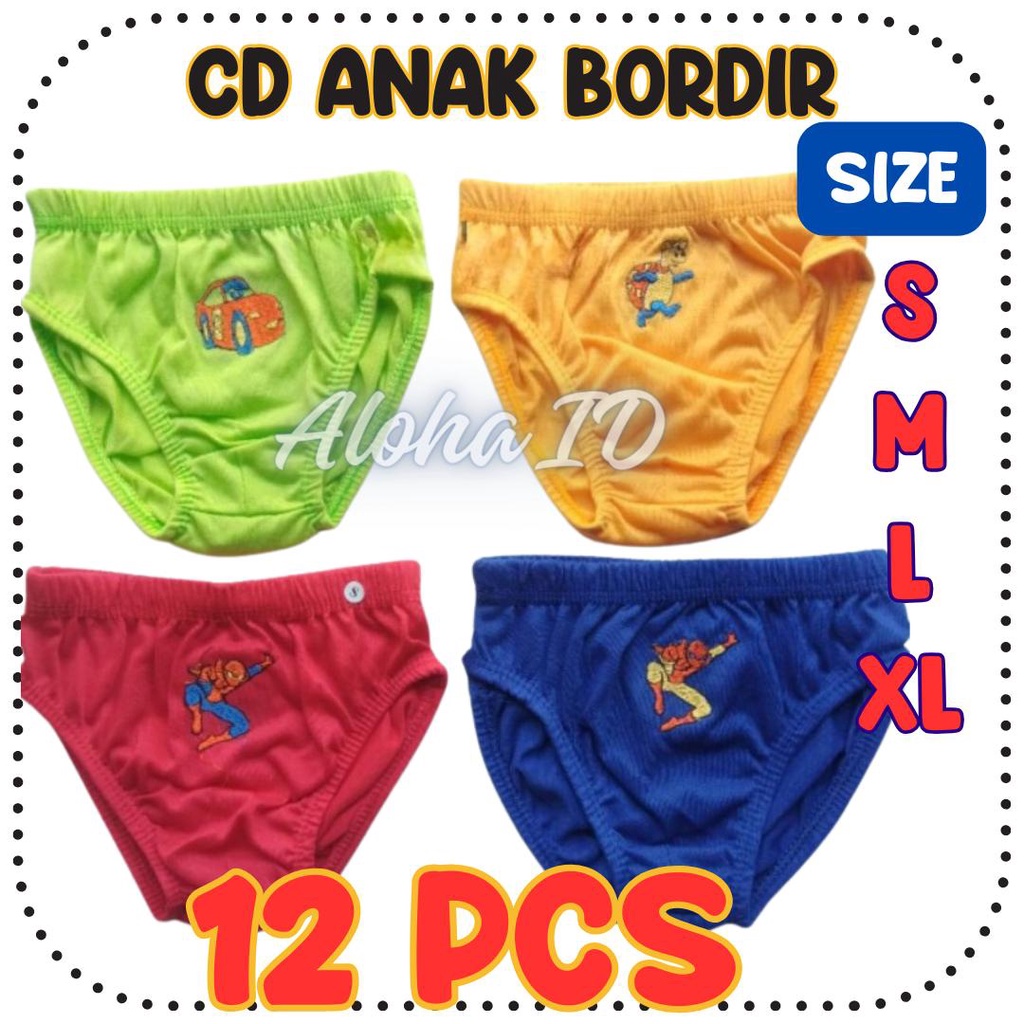 12 Pcs Cd Bordir Sempak Celana Dalam Anak Cowok Warna Motif Kartun Lucu