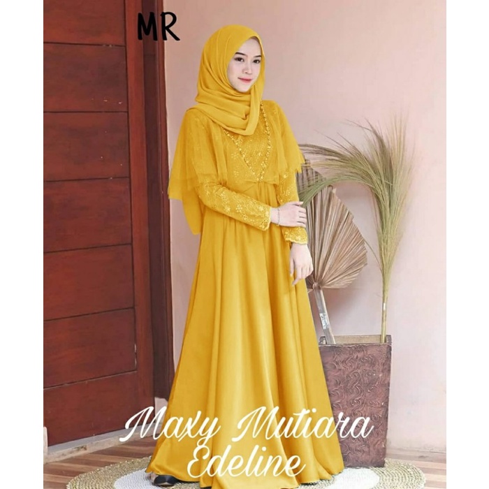 Gamis Wanita Brukat Maxi Dress Muslim Brokat Furing Pesta Kondangan - Mustard, L