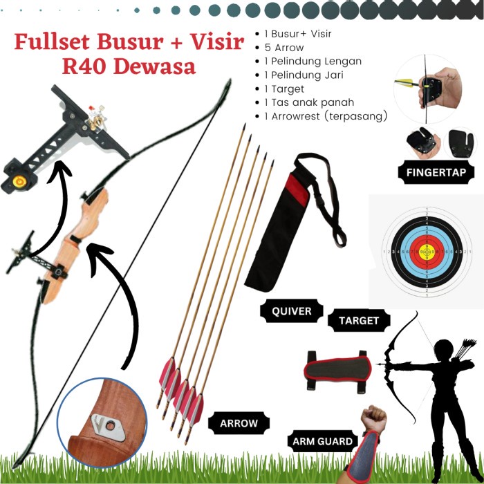 Busur Panah Panahan R40 Dewasa Pemula Visir Fullset Arrow Fiber