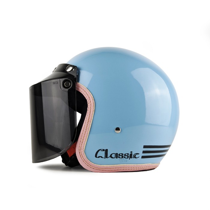 Helm Bogo Retro Lis Pink Wanita Cewek Hijab Dewasa SNI Kaca Datar - Biru Pastel, Smoke